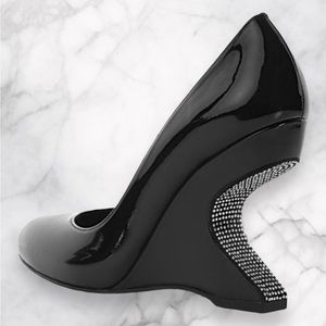 Rare Stuart Weitzman Pleasant Negative Wedge Patent Leather Bling Heels